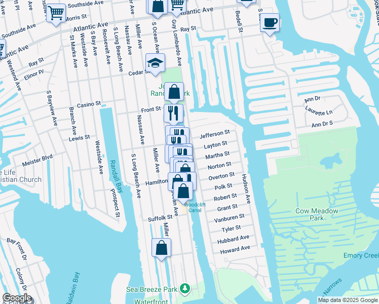 map of restaurants, bars, coffee shops, grocery stores, and more near 3 Martha Street in Freeport