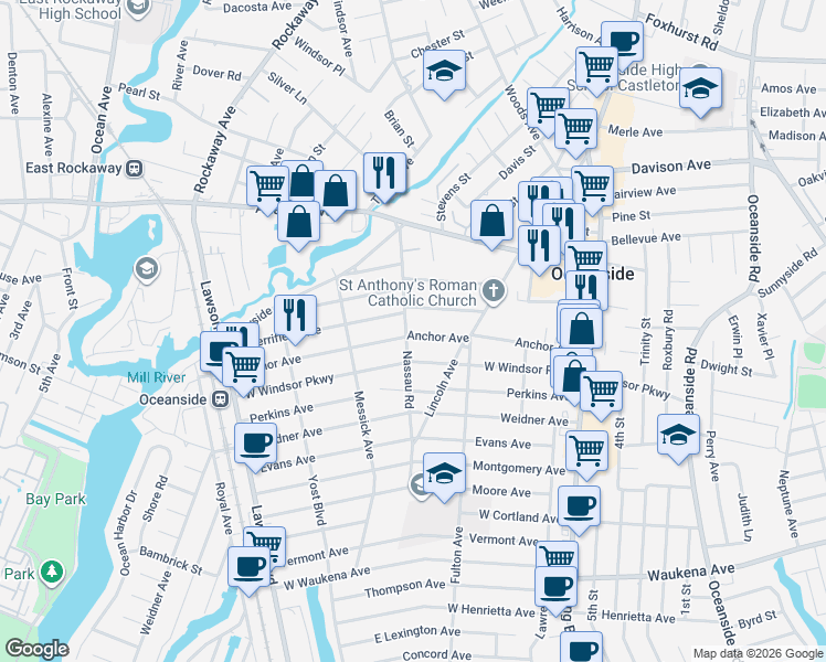 map of restaurants, bars, coffee shops, grocery stores, and more near 177 Anchor Avenue in Oceanside