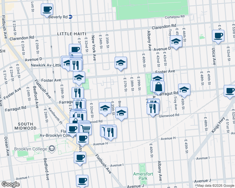 map of restaurants, bars, coffee shops, grocery stores, and more near 3524 Farragut Road in Brooklyn
