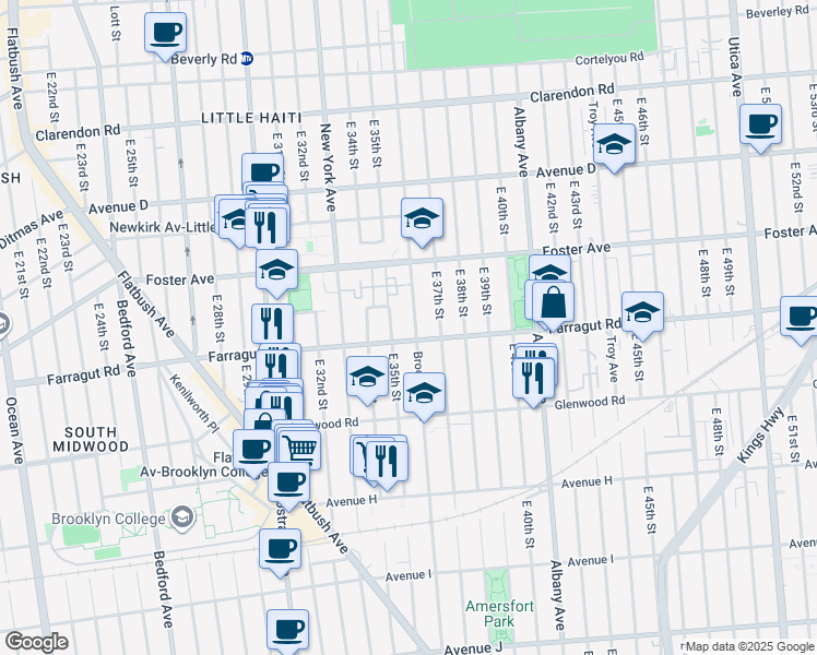 map of restaurants, bars, coffee shops, grocery stores, and more near 3524 Farragut Road in Brooklyn
