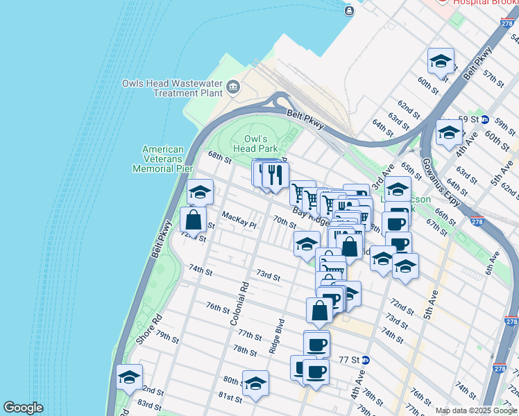 map of restaurants, bars, coffee shops, grocery stores, and more near 7016 Louise Terrace in Brooklyn