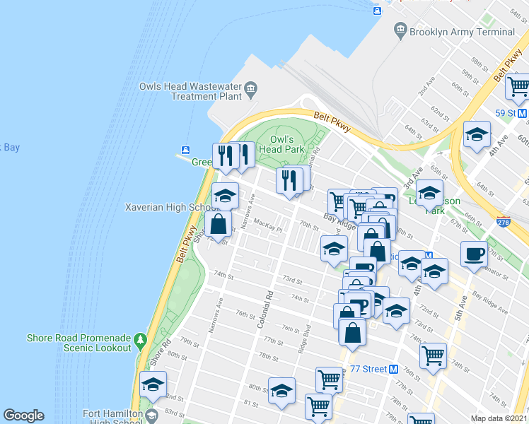 map of restaurants, bars, coffee shops, grocery stores, and more near 54 MacKay Place in Brooklyn