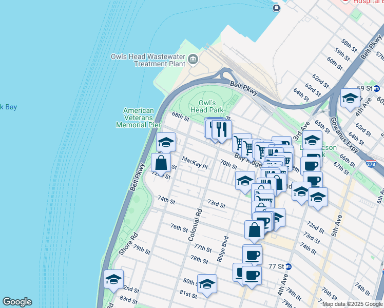 map of restaurants, bars, coffee shops, grocery stores, and more near 54 MacKay Place in Brooklyn