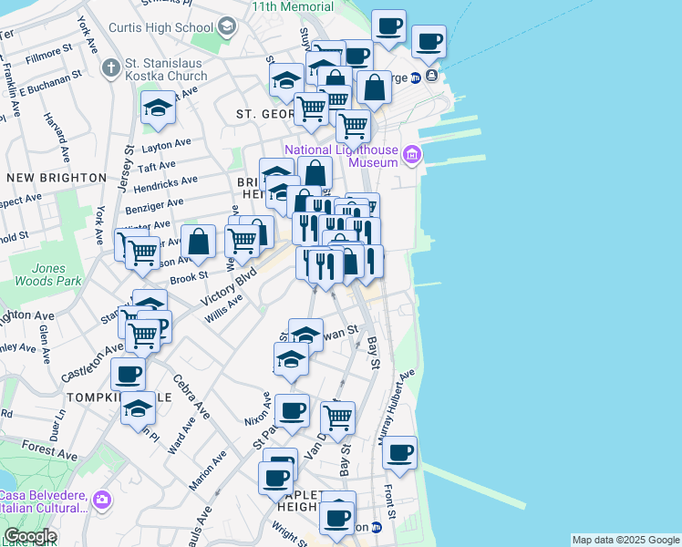 map of restaurants, bars, coffee shops, grocery stores, and more near 58 Van Duzer Street in Staten Island