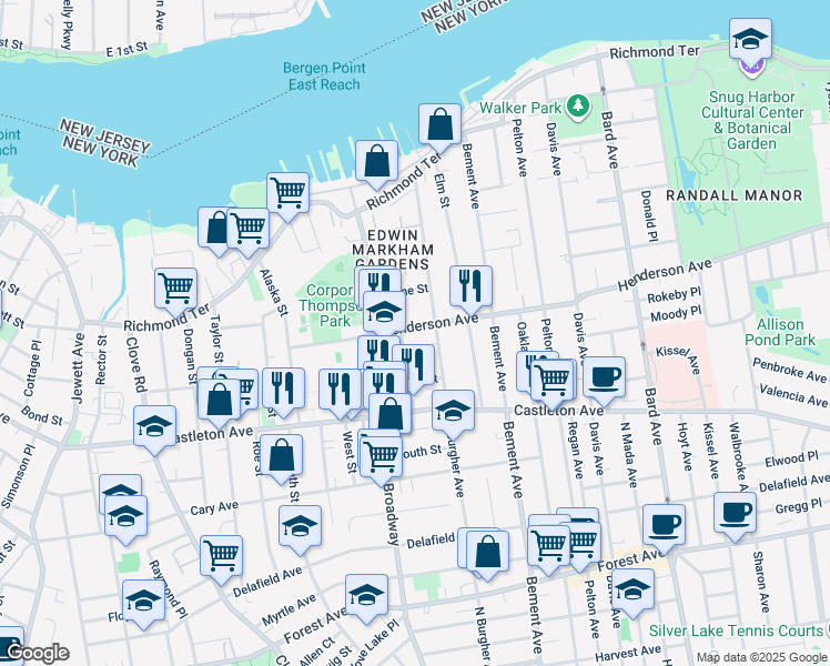 map of restaurants, bars, coffee shops, grocery stores, and more near 220 Broadway in Staten Island