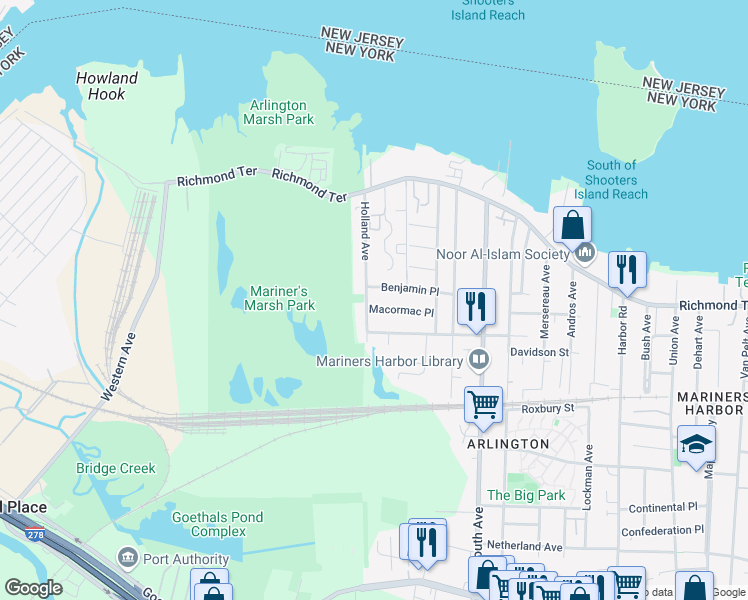 map of restaurants, bars, coffee shops, grocery stores, and more near 58 Macormac Place in Staten Island