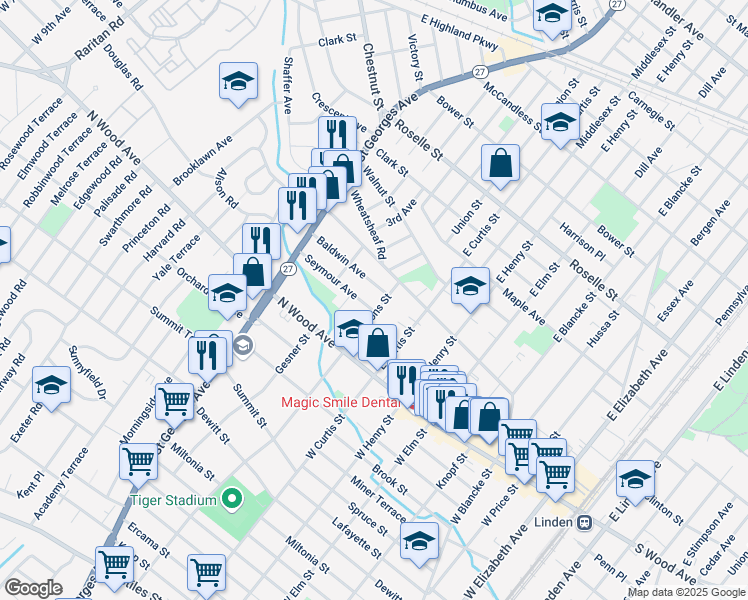 map of restaurants, bars, coffee shops, grocery stores, and more near 31 East Gibbons Street in Linden