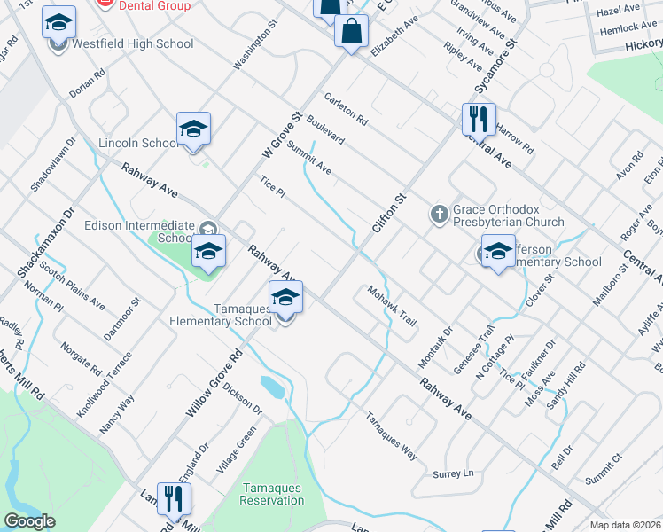 map of restaurants, bars, coffee shops, grocery stores, and more near 513 Clifton Street in Westfield