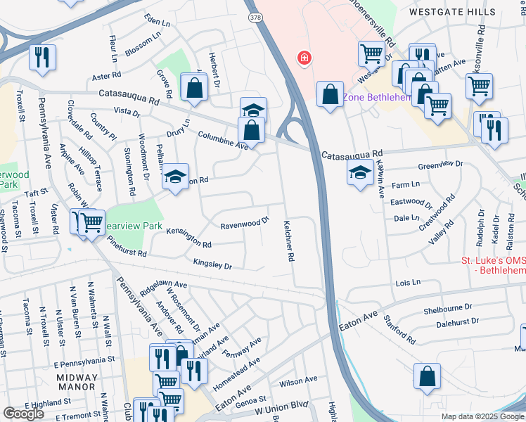 map of restaurants, bars, coffee shops, grocery stores, and more near 1923 Ravenwood Drive in Bethlehem