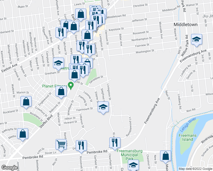 map of restaurants, bars, coffee shops, grocery stores, and more near 1571 Livingston Street in Bethlehem