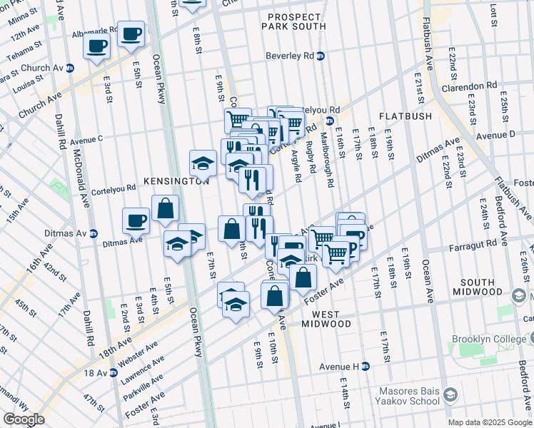 map of restaurants, bars, coffee shops, grocery stores, and more near 470 Stratford Road in Brooklyn
