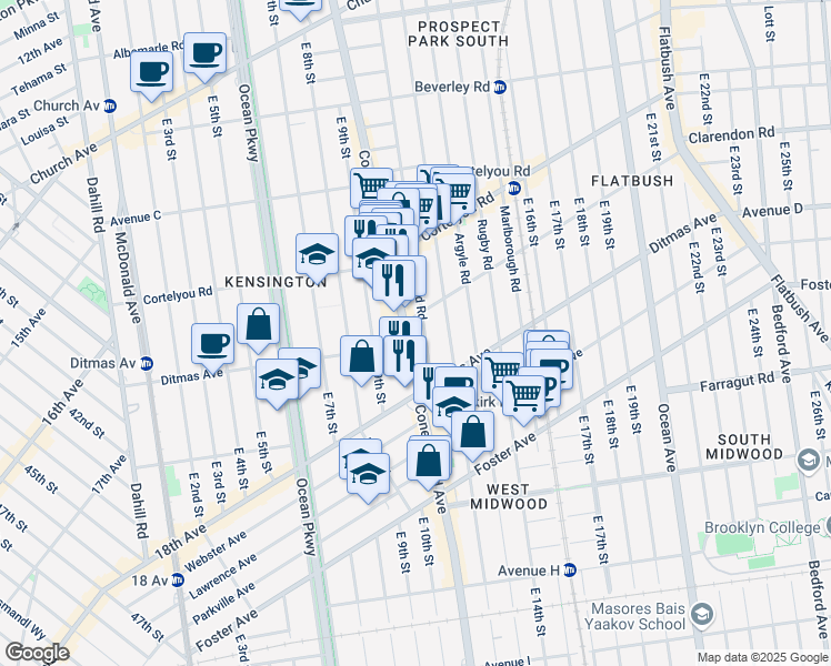 map of restaurants, bars, coffee shops, grocery stores, and more near 470 Stratford Road in Brooklyn