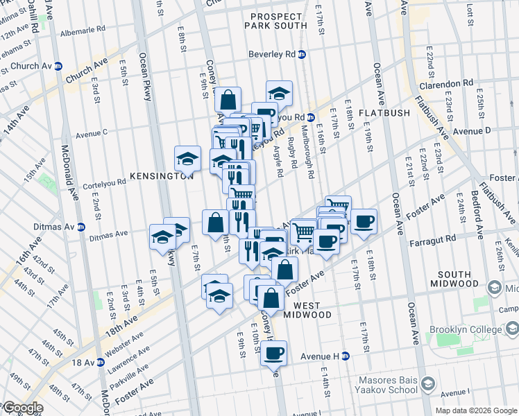 map of restaurants, bars, coffee shops, grocery stores, and more near 506 Westminster Road in Brooklyn