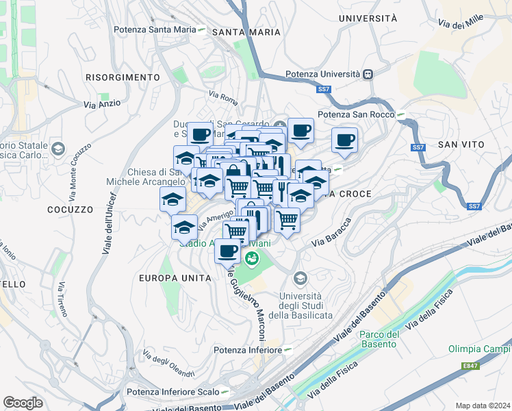 map of restaurants, bars, coffee shops, grocery stores, and more near 6-8 Viale Dante in Potenza