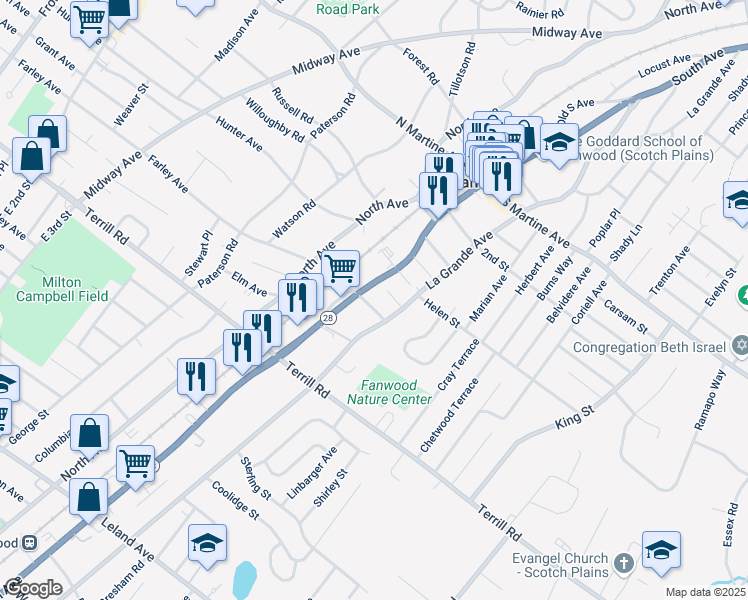 map of restaurants, bars, coffee shops, grocery stores, and more near 29 Stagaard Place in Fanwood