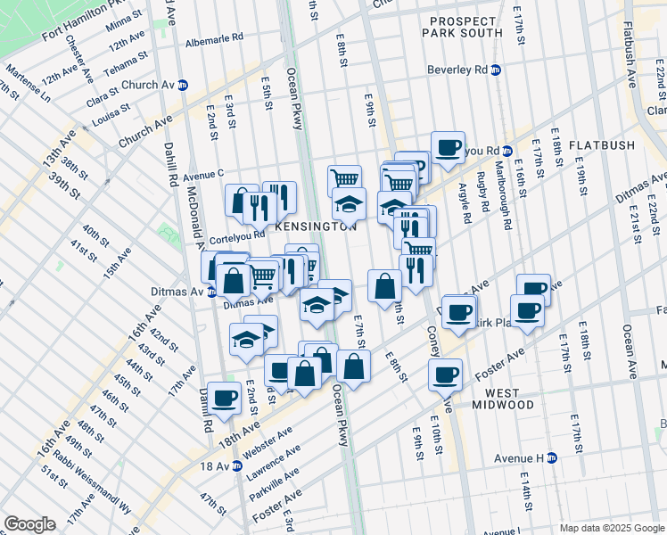 map of restaurants, bars, coffee shops, grocery stores, and more near 465 Ocean Parkway in Brooklyn