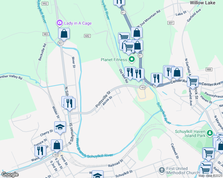 map of restaurants, bars, coffee shops, grocery stores, and more near 154 Pottsville Street in Cressona