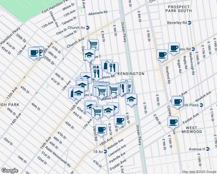 map of restaurants, bars, coffee shops, grocery stores, and more near 602 East 2nd Street in Brooklyn