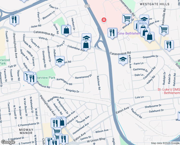map of restaurants, bars, coffee shops, grocery stores, and more near 1923 Ravenwood Drive in Bethlehem