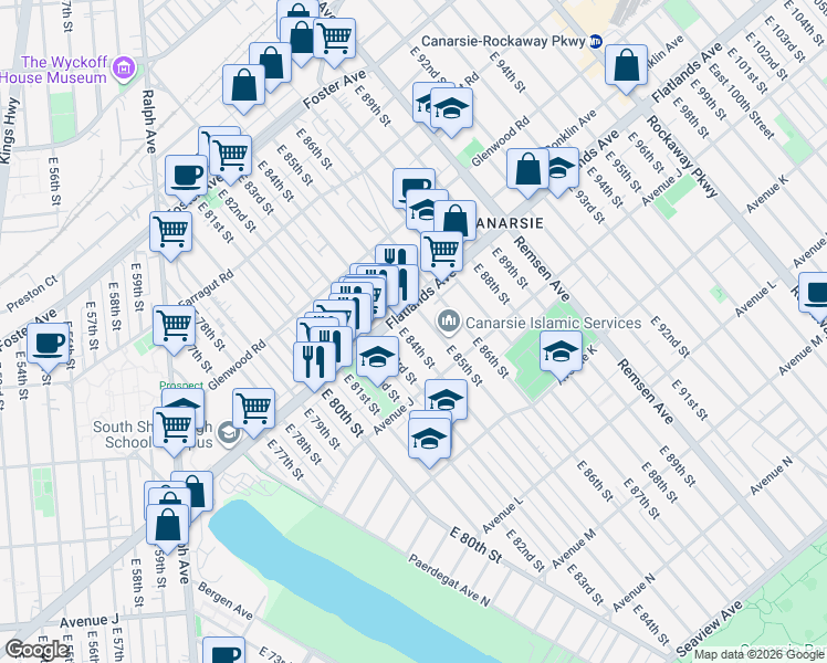 map of restaurants, bars, coffee shops, grocery stores, and more near 942 East 84th Street in Brooklyn