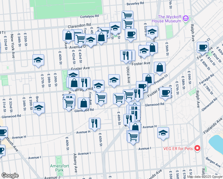 map of restaurants, bars, coffee shops, grocery stores, and more near 1474 Schenectady Avenue in Brooklyn