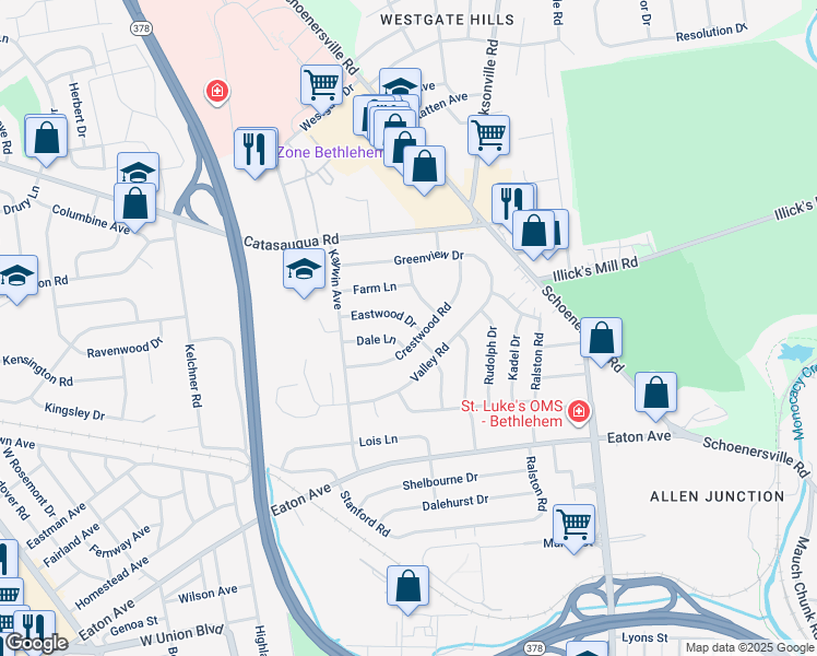map of restaurants, bars, coffee shops, grocery stores, and more near 1509 Eastwood Drive in Bethlehem