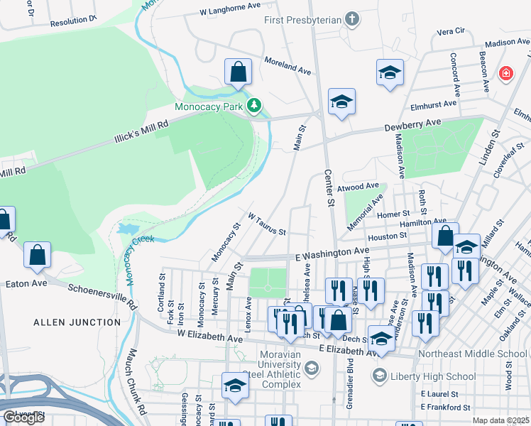 map of restaurants, bars, coffee shops, grocery stores, and more near 1819 Main Street in Bethlehem