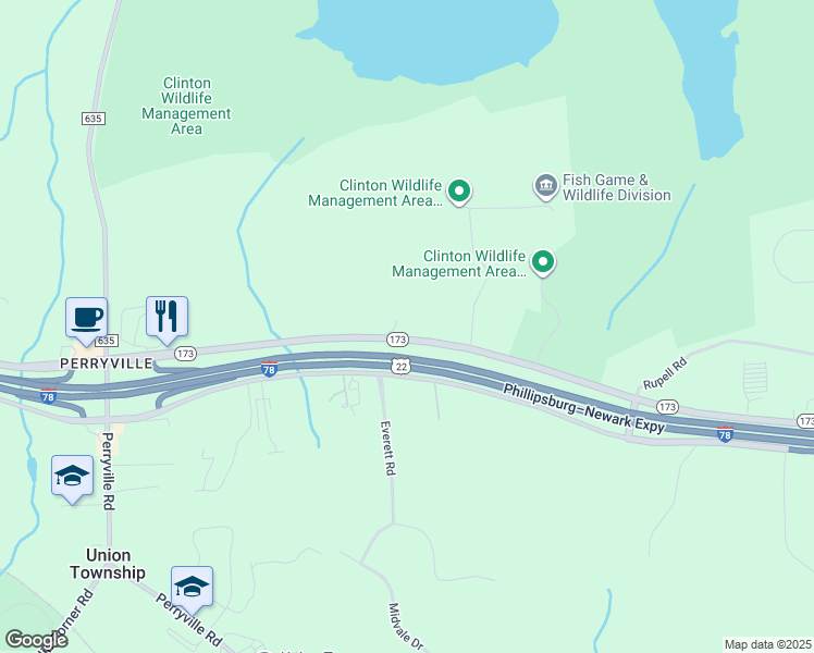 map of restaurants, bars, coffee shops, grocery stores, and more near 52 New Jersey 173 in Hampton