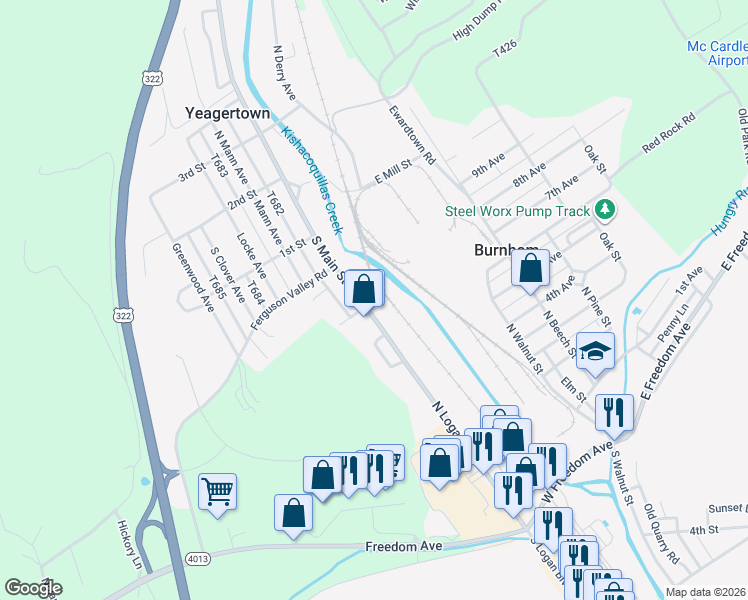 map of restaurants, bars, coffee shops, grocery stores, and more near 300-324 S Main St in Yeagertown