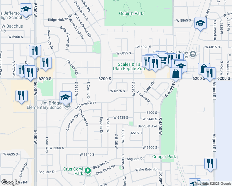 map of restaurants, bars, coffee shops, grocery stores, and more near 5131 West 6275 South in West Jordan