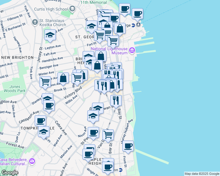 map of restaurants, bars, coffee shops, grocery stores, and more near 231 Bay Street in Staten Island
