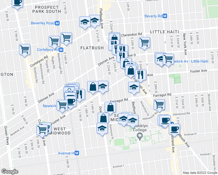 map of restaurants, bars, coffee shops, grocery stores, and more near 2115 Foster Avenue in Brooklyn