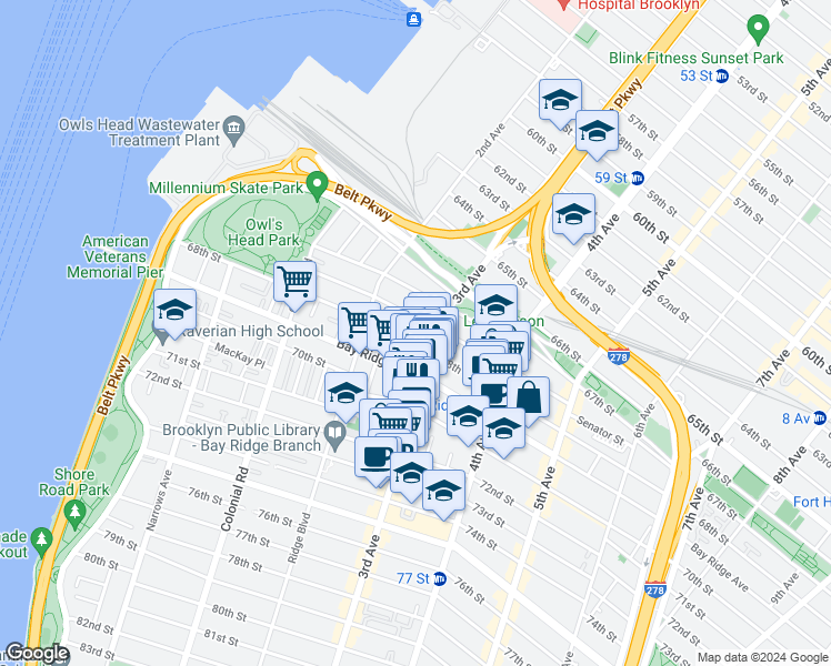 map of restaurants, bars, coffee shops, grocery stores, and more near 261 68th Street in Brooklyn