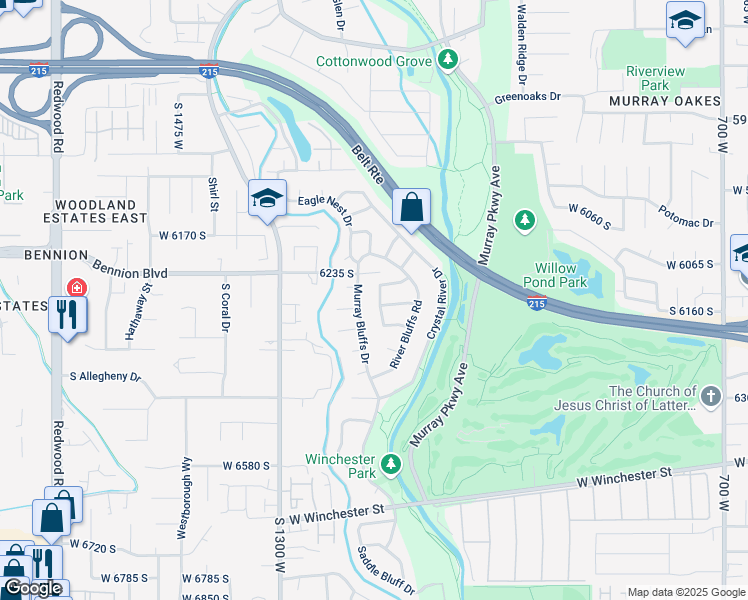 map of restaurants, bars, coffee shops, grocery stores, and more near 6291 Murray Bluffs Drive in Murray