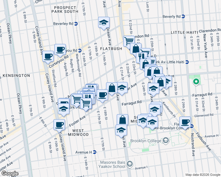 map of restaurants, bars, coffee shops, grocery stores, and more near 1060 Ocean Avenue in Brooklyn