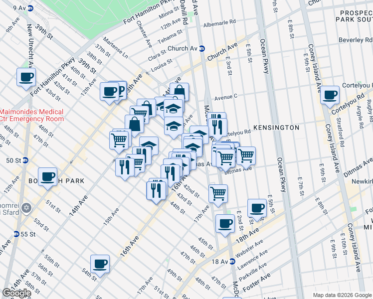 map of restaurants, bars, coffee shops, grocery stores, and more near 1546 40th Street in Brooklyn