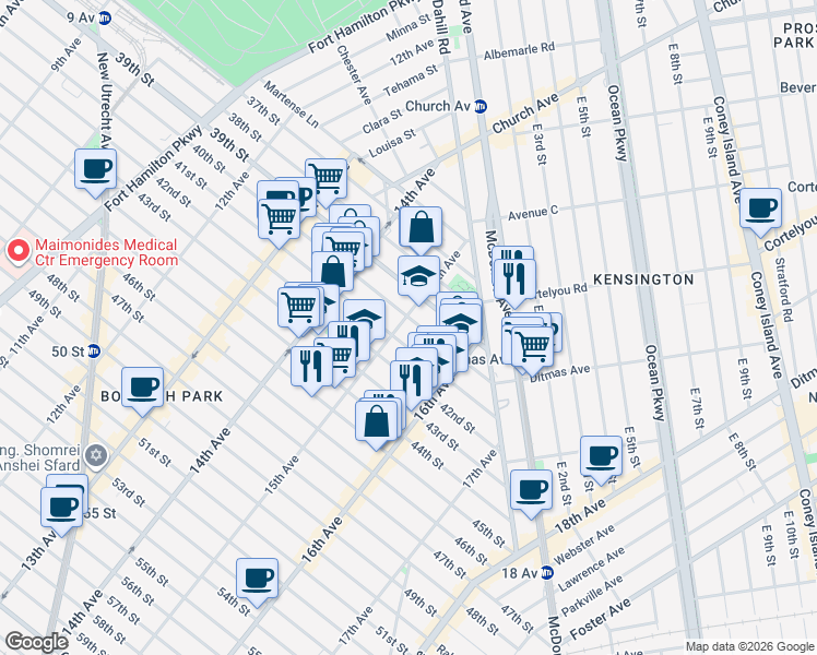 map of restaurants, bars, coffee shops, grocery stores, and more near 4109 15th Avenue in Brooklyn