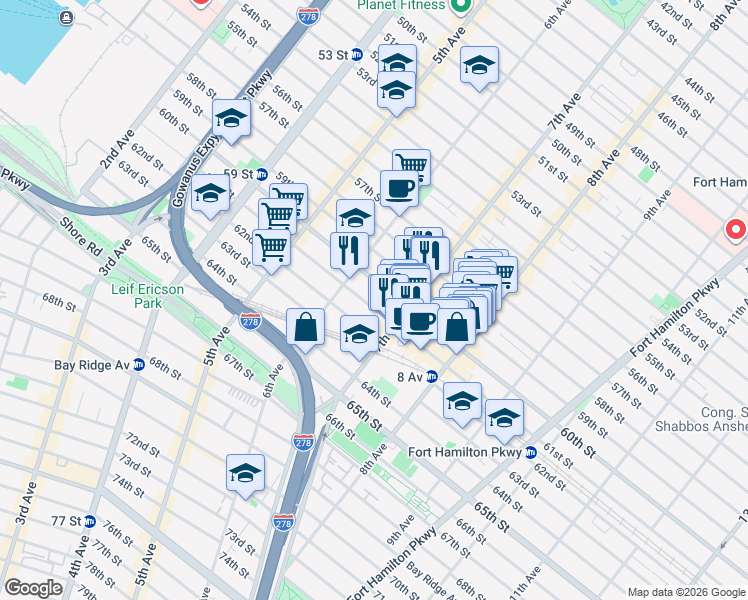 map of restaurants, bars, coffee shops, grocery stores, and more near 666 61st Street in Brooklyn