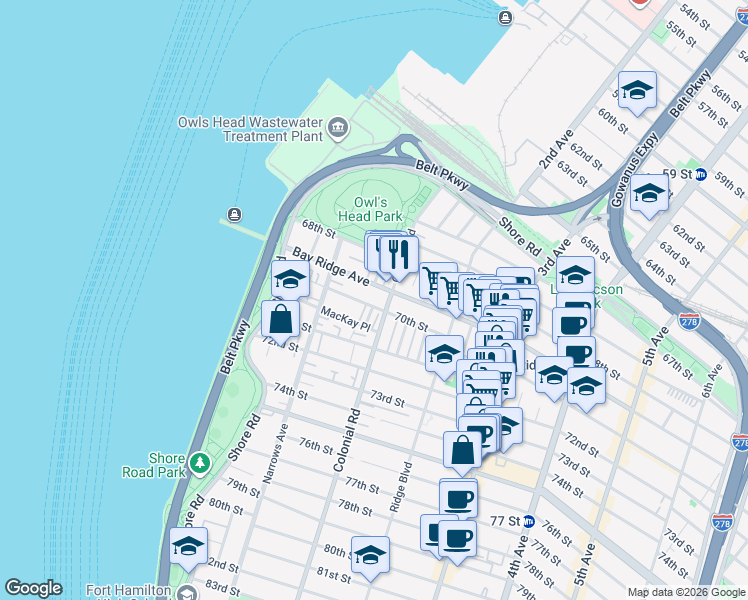 map of restaurants, bars, coffee shops, grocery stores, and more near 7016 Louise Terrace in Brooklyn