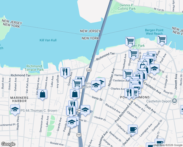 map of restaurants, bars, coffee shops, grocery stores, and more near 94 1/2 John Street in Staten Island