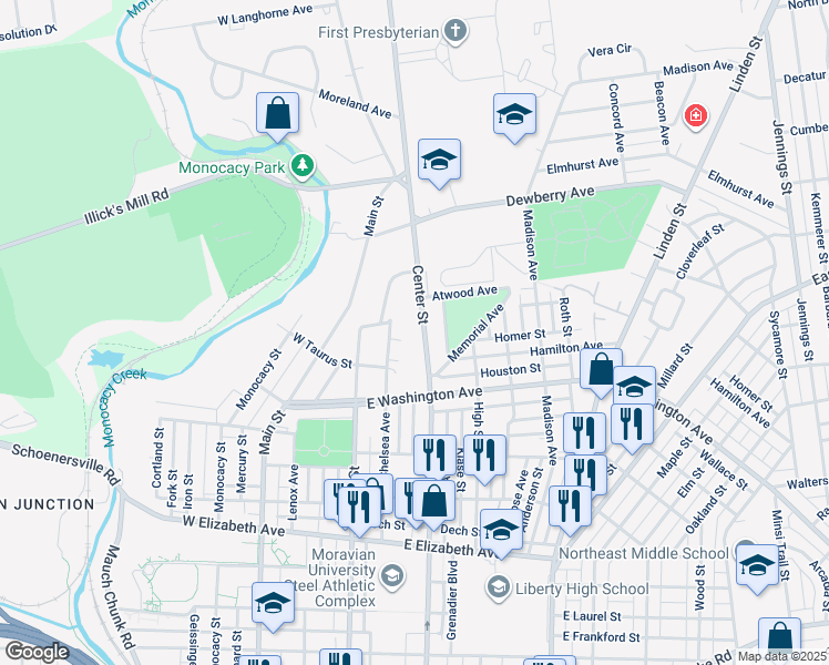 map of restaurants, bars, coffee shops, grocery stores, and more near 1718 Center Street in Bethlehem