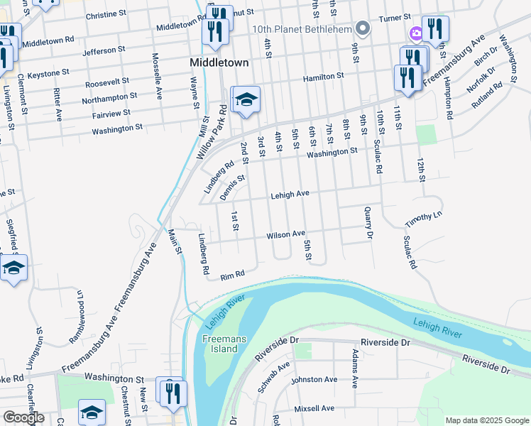 map of restaurants, bars, coffee shops, grocery stores, and more near 1581 3rd Street in Bethlehem