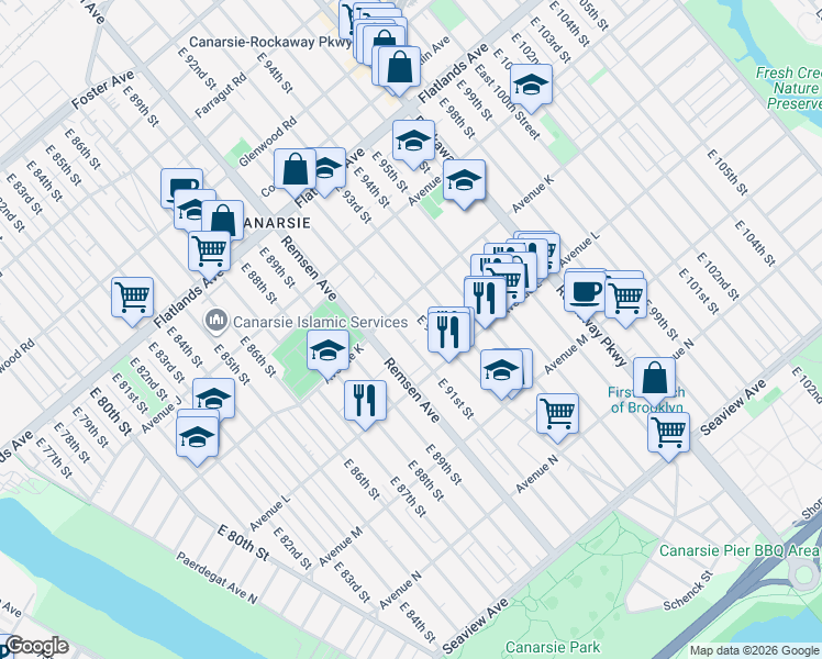 map of restaurants, bars, coffee shops, grocery stores, and more near 1386 East 91st Street in Brooklyn