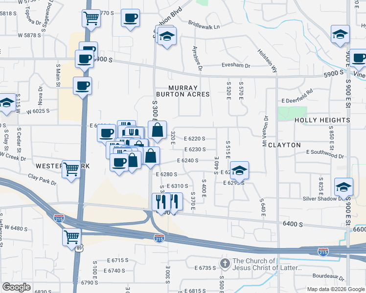 map of restaurants, bars, coffee shops, grocery stores, and more near 339 East 6230 South in Murray