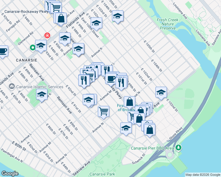 map of restaurants, bars, coffee shops, grocery stores, and more near 9521 Avenue M in Brooklyn