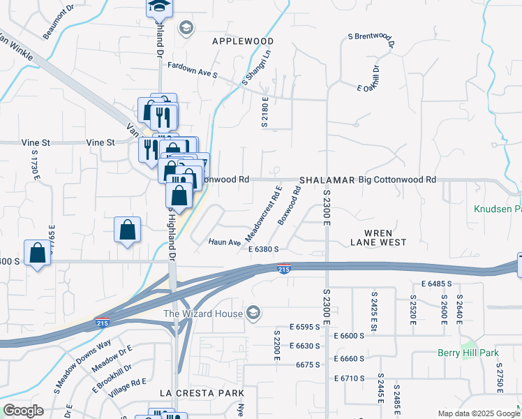 map of restaurants, bars, coffee shops, grocery stores, and more near 6318 Meadowcrest Road East in Holladay
