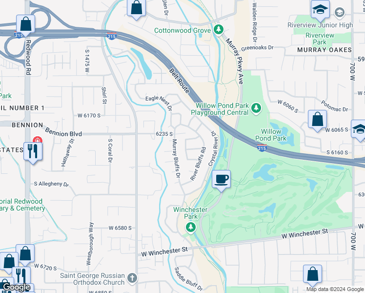 map of restaurants, bars, coffee shops, grocery stores, and more near 6291 Murray Bluffs Drive in Murray