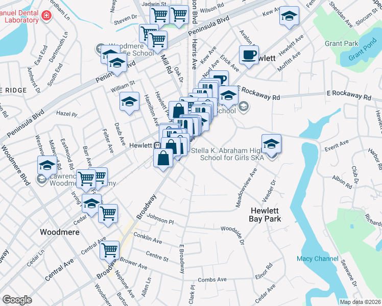 map of restaurants, bars, coffee shops, grocery stores, and more near 25 Ives Road in Hewlett