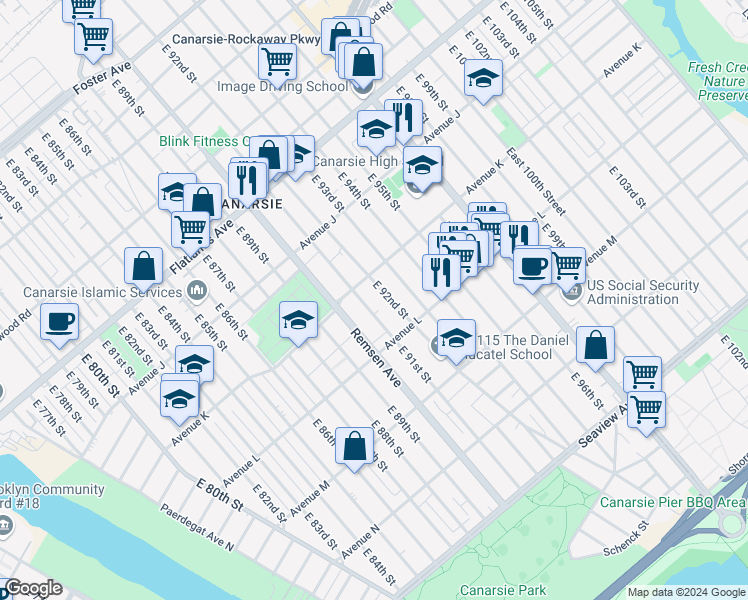 map of restaurants, bars, coffee shops, grocery stores, and more near 1386 East 91st Street in Brooklyn