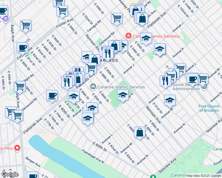 map of restaurants, bars, coffee shops, grocery stores, and more near 8701 Avenue K in Brooklyn